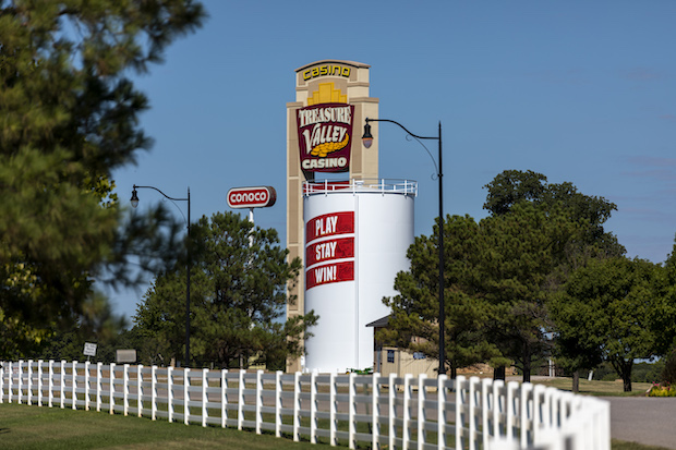 Treasure Valley Casino sign viewed from the interstate on a blue sky day