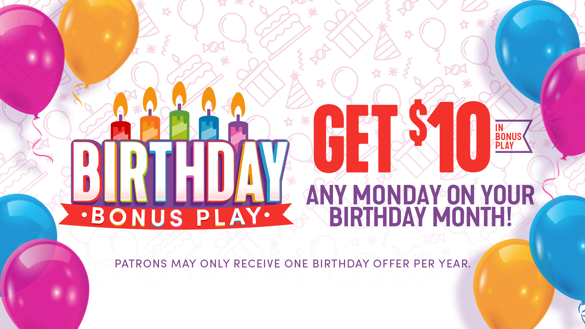 Birthday Bonus Play offer: Get $10 in bonus play on any Monday of your birthday month. One birthday offer per year.